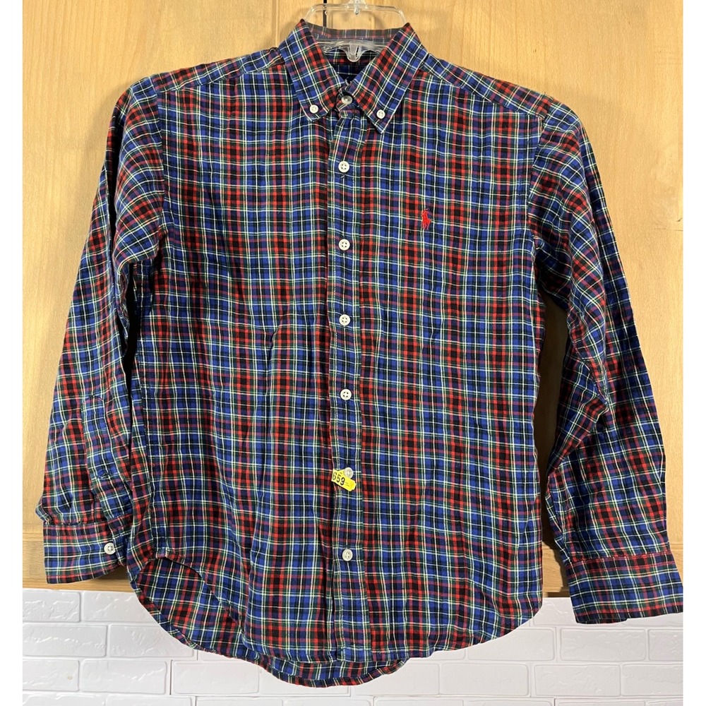 Ralph Lauren Plaid Button Down Shirt Kids Size M 12/14 Blue Red Long Sleeve Pony